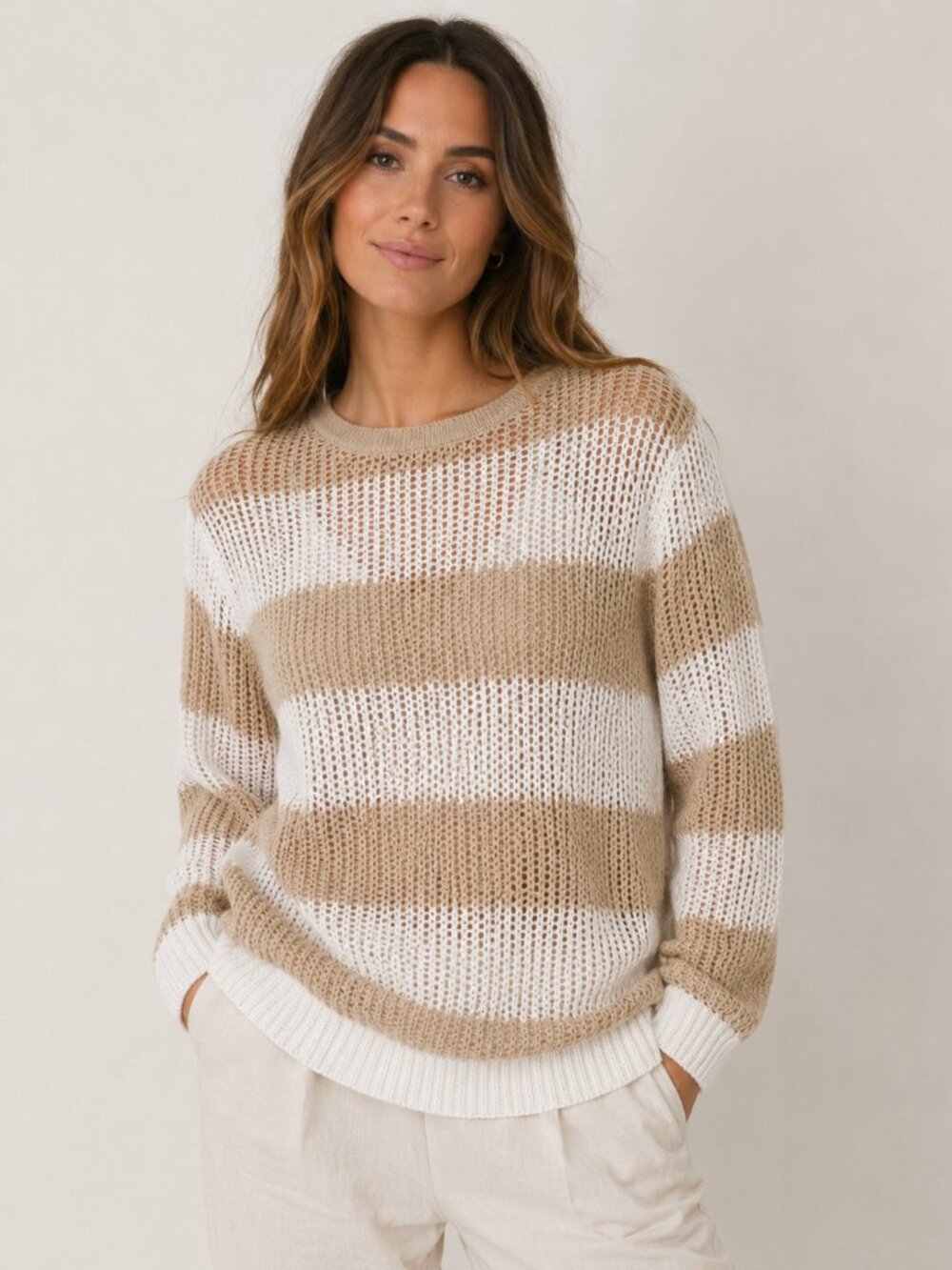 Lulu-B Beige White Open Knit Striped Sweater Size L Lightweight Cotton Blend